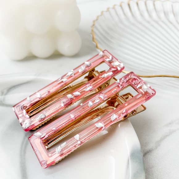 Set Of 2 ✨ Clear Pink And Silver Flakes Hair Clip - Picture 3 of 11
